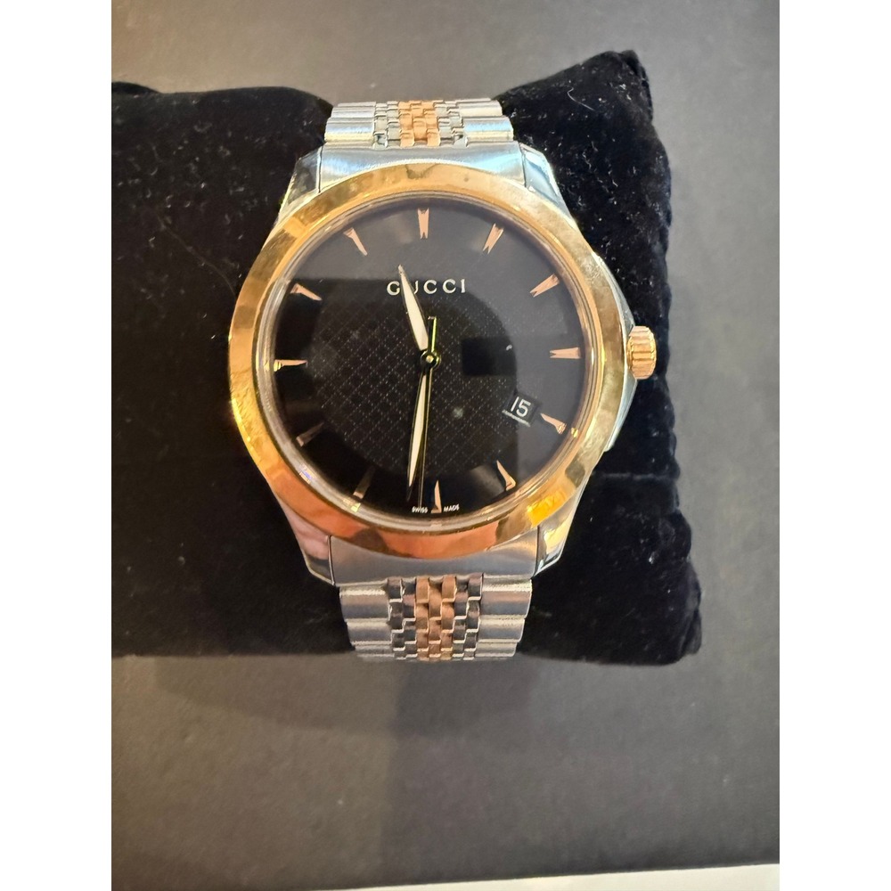 Gucci Swiss Made Black Dial Two Tone Gold Silver Stainless Steel Watch